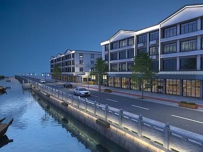 Illuminated Waterfront Commercial Street With Trees Cars Streetlights And Buildings At Night 3d model