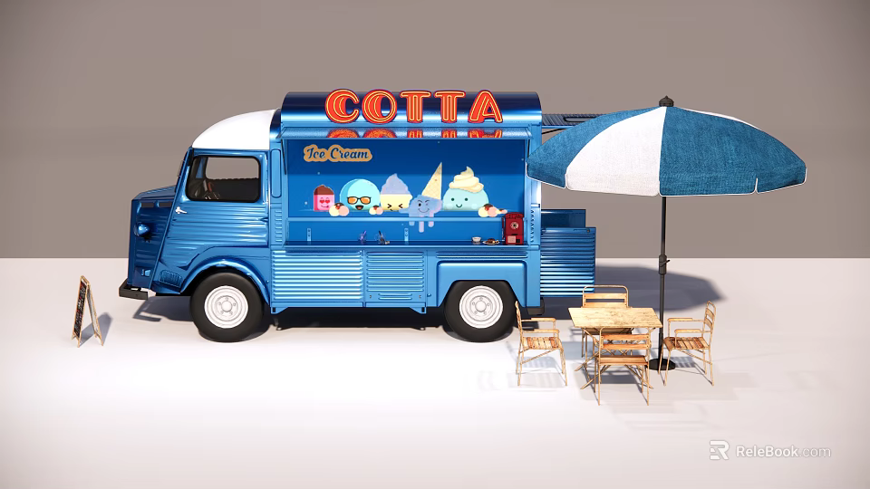 Blue COTTA Functional Ice Cream Truck With Umbrella And Wooden Table Chairs 3d model 