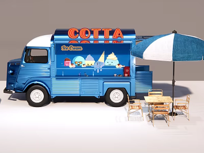 Blue COTTA Functional Ice Cream Truck With Umbrella And Wooden Table Chairs 3d model