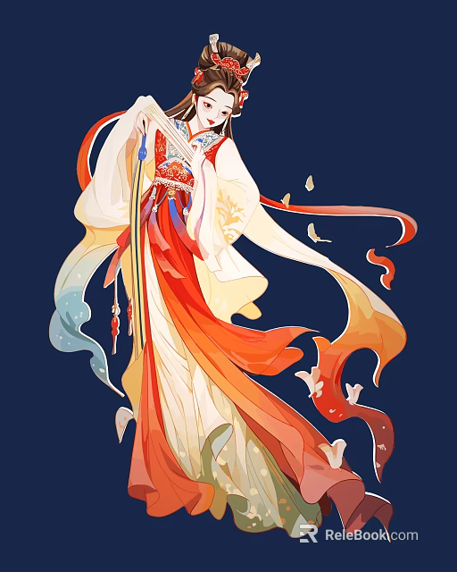 Elegant Fantasy Game Movie Character In Traditional Red White Flowing Robes With Floating Petals 3d model 