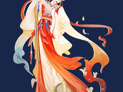 Elegant Fantasy Game Movie Character In Traditional Red White Flowing Robes With Floating Petals 3d model