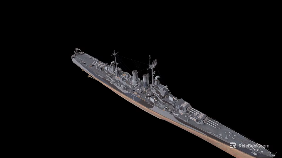 Detailed Warship With Gray Hull Main Guns Mast And Deck On Black Background 3d model 