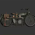 Vintage Green Motorcycle With Brown Seat And Wooden Table With Oil Lamp Tools