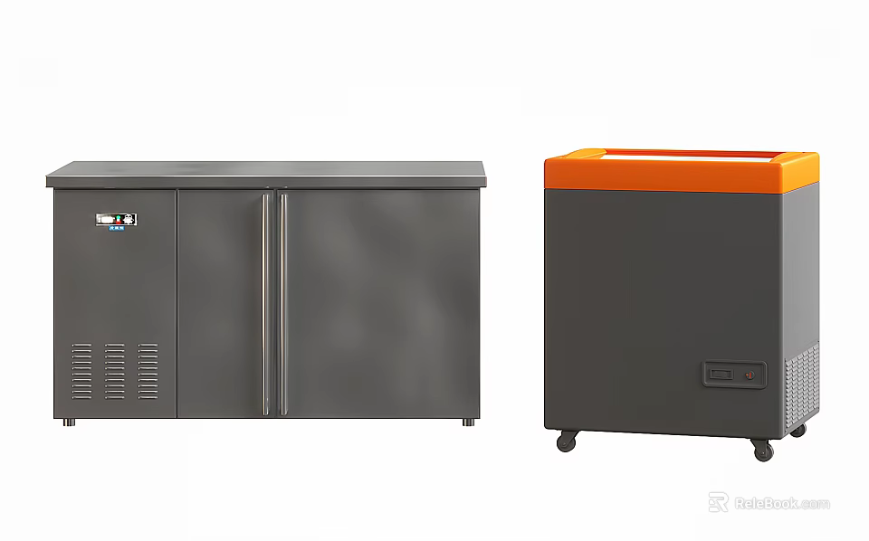 Gray Commercial Kitchen Appliances With Double Door Cabinet And Mobile Orange Top Unit 3d model 