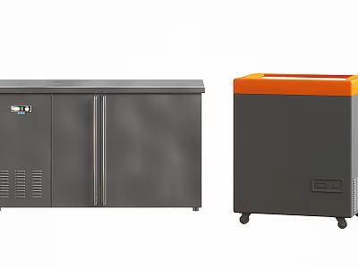 Gray Commercial Kitchen Appliances With Double Door Cabinet And Mobile Orange Top Unit 3d model