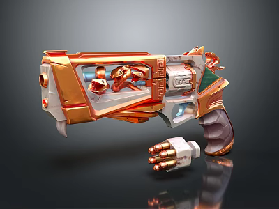 Orange And White Sci Fi Mechanical Pistol With Exposed Components And Bullets 3d model