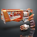 Orange And White Sci Fi Mechanical Pistol With Exposed Components And Bullets
