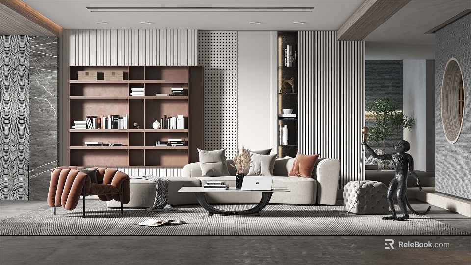 Modern Living Room Interior Design With Sofa Bookshelf Coffee Table And Decorative Sculpture 3d model 