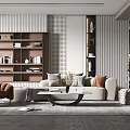 Modern Living Room Interior Design With Sofa Bookshelf Coffee Table And Decorative Sculpture