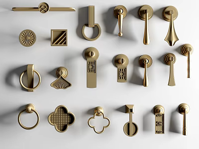 Gold Furniture Handles With Various Decorative Designs For Cabinets And Drawers 3d model
