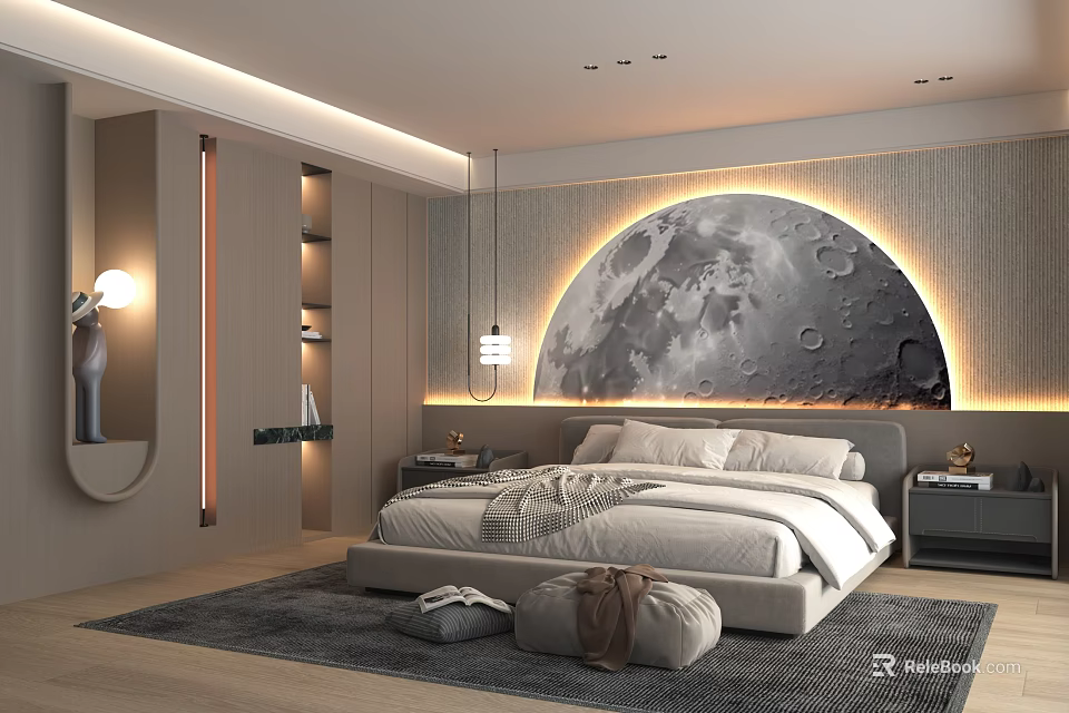 Modern Bedroom Interior Design With Moon Themed Wall Bed Ambient Lighting And Soft Rug 3d model 