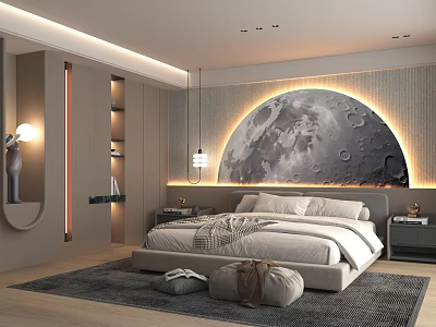 Modern Bedroom Interior Design With Moon Themed Wall Bed Ambient Lighting And Soft Rug 3d model