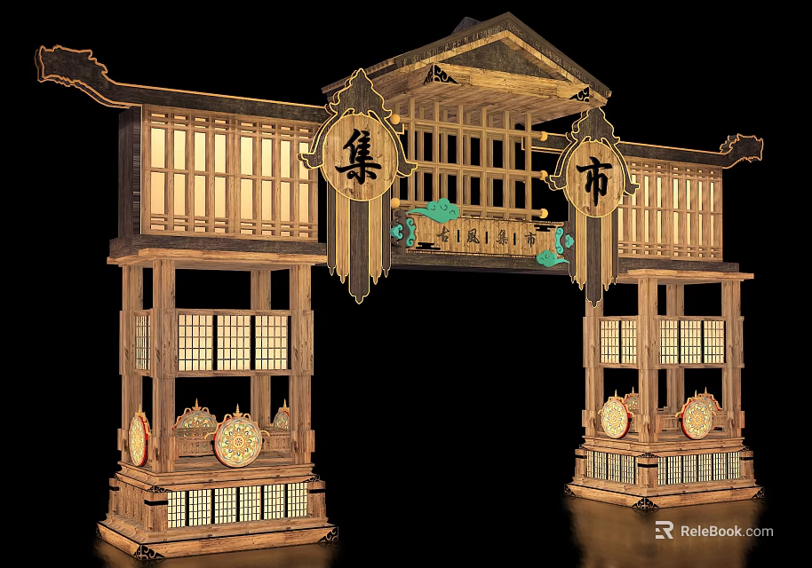 Traditional Chinese Paifang Archway Featuring Wooden Carvings Marketplace Signs And Decorative Lanterns 3d model 