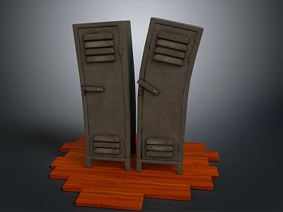 Two Gray Lockers Standing On Orange Wooden Floor With Dark Background 3d model
