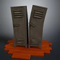 Two Gray Lockers Standing On Orange Wooden Floor With Dark Background