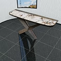 Stylish Dining Table With White Marble Patterned Top And Crossed Wooden Legs In Room
