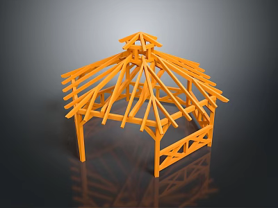 Orange Wooden Gazebo Frame Structure With Intricate Roof Support Beams 3d model