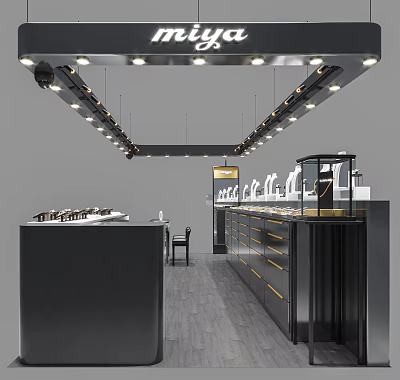 Luxury Modern Jewelry Store Interior Design With Glass Display Cases And Bright Hanging Lights 3d model