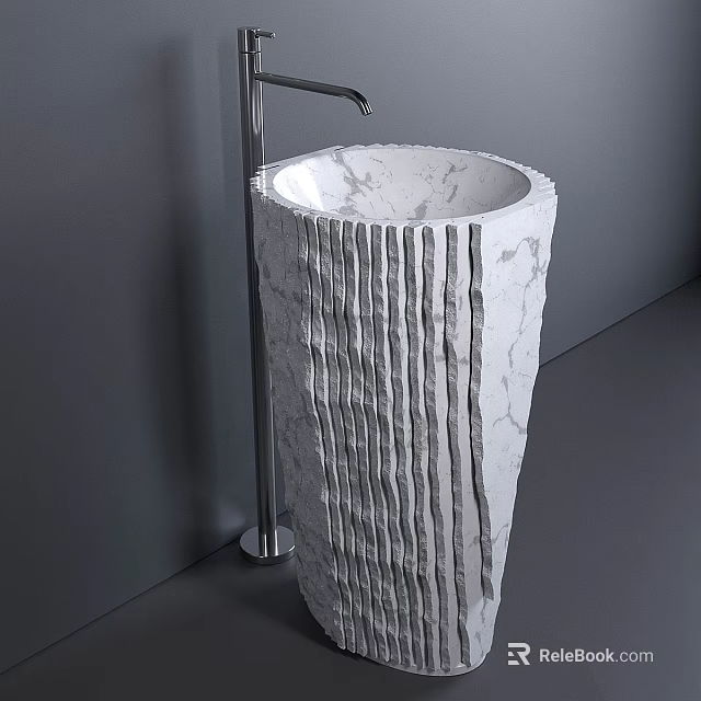 Modern Marble Pedestal Washbasin With Striped Design And Chrome Faucet 3d model 