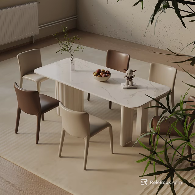 Modern Dining Table Set with Marble Top Beige and Brown Chairs Green Plants Fruit Bowl 3d model 