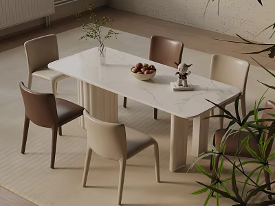 Modern Dining Table Set with Marble Top Beige and Brown Chairs Green Plants Fruit Bowl 3d model