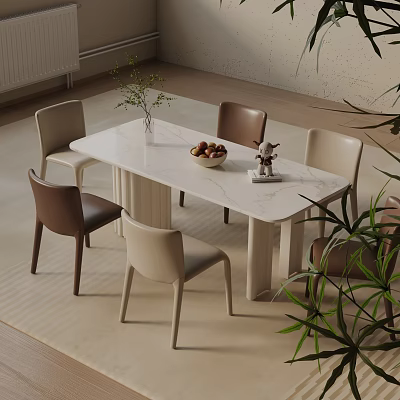 Modern Dining Table Set with Marble Top Beige and Brown Chairs Green Plants Fruit Bowl 3d model
