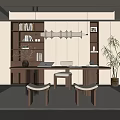 Modern Study Room Interior Design With Wooden Desk Bookshelves Pendant Lights Potted Plant And Rug