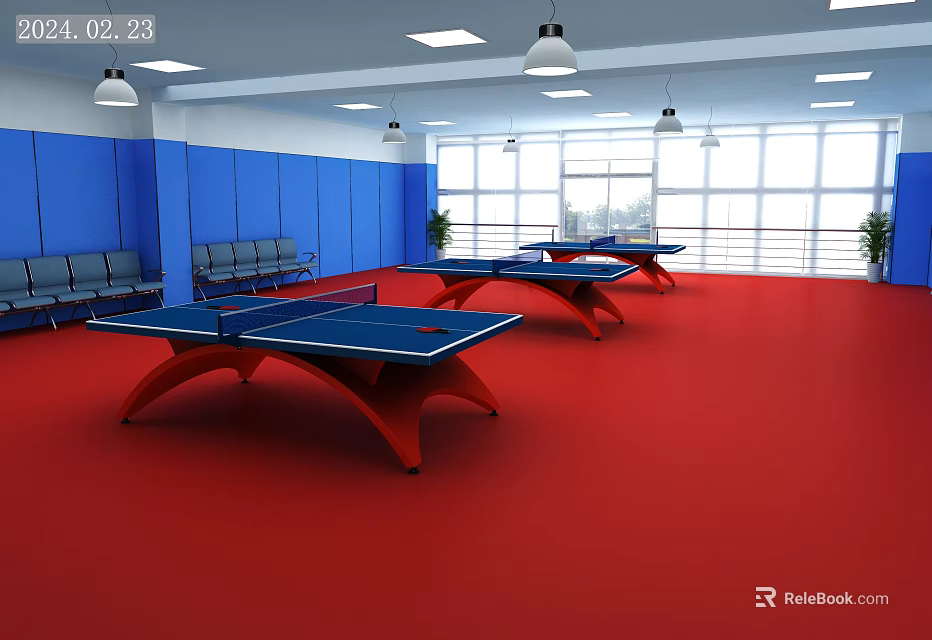 Indoor Sports Hall For Fitness With Table Tennis Tables Red Flooring And Blue Walls 3d model 