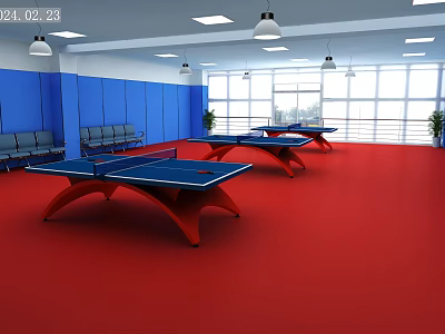 Indoor Sports Hall For Fitness With Table Tennis Tables Red Flooring And Blue Walls 3d model