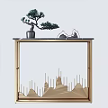 Modern Console Table Interior Decor With Golden Frame Mountain Pattern And Mini Pine Tree 3d model
