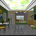 Bright Kindergarten Interior Design With Green Walls Leaf Patterned Ceiling Colorful Decorations And Numbered Floor