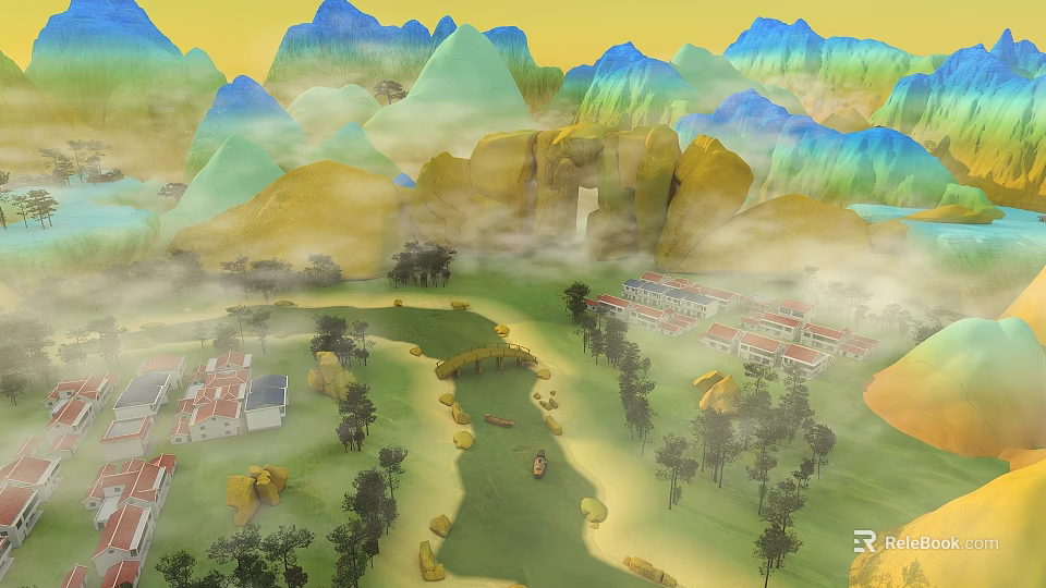Traditional Chinese Landscape Garden Featuring Misty Colorful Mountains Gentle Streams Wooden Bridges And Peaceful Villages 3d model 