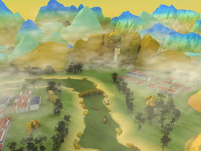 Traditional Chinese Landscape Garden Featuring Misty Colorful Mountains Gentle Streams Wooden Bridges And Peaceful Villages 3d model