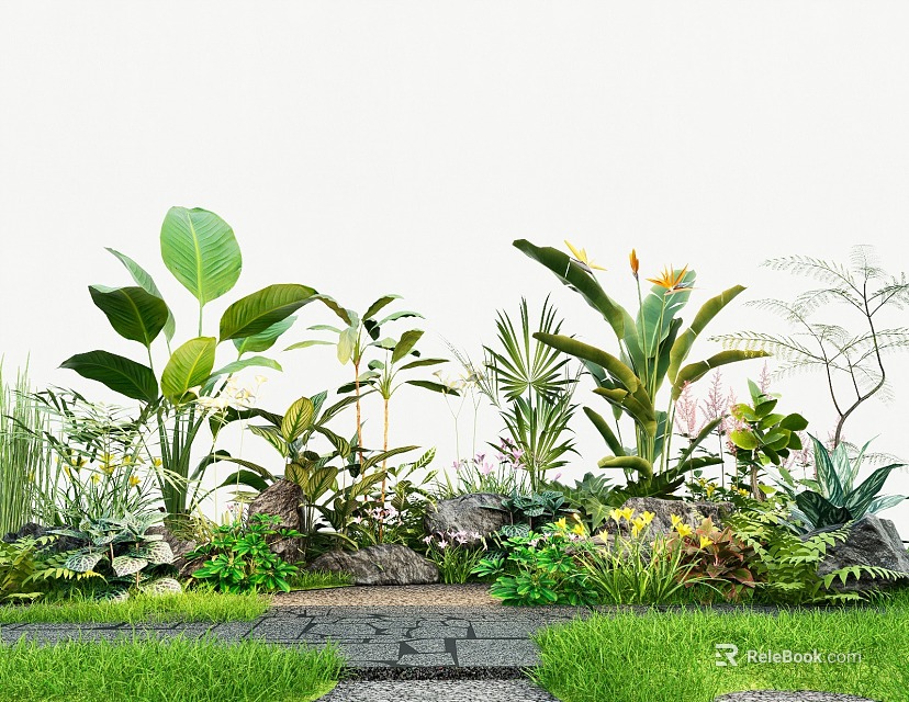 Lush Tropical Plant Combination With Large Leaf Ferns Flowering Plants Stones Pathway And Green Grass 3d model 