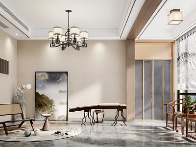 Traditional Chinese Entertainment Room With Landscape Painting Guqin Wooden Furniture And Chandelier Rug 3d model