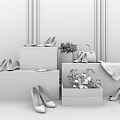 Stylish High Heels Displayed With Wooden Crate Plant And Handbag
