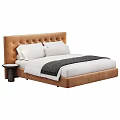 Elegant Modern Double Bed With Tufted Headboard White Pillows And Wooden Nightstand