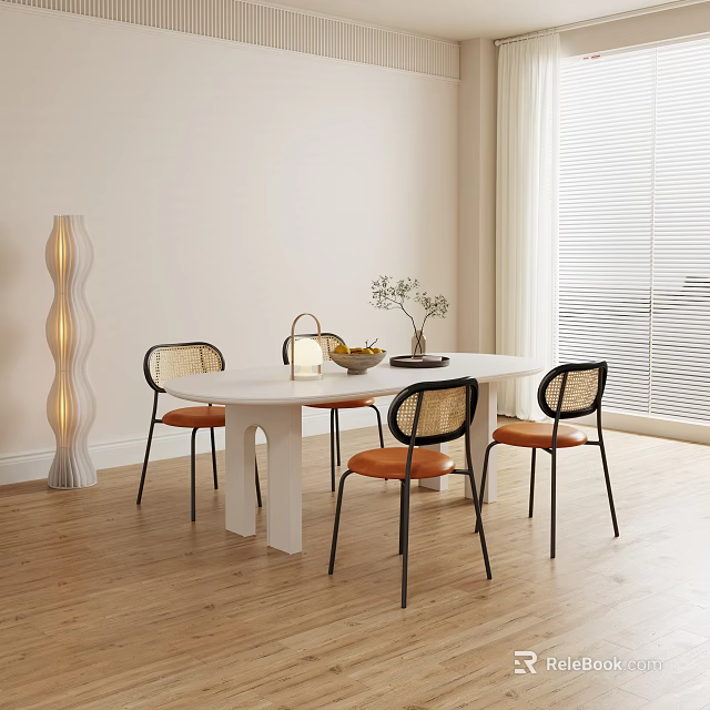 Modern Dining Table Set with White Round Table Four Chairs Woven Backrests Orange Cushions 3d model