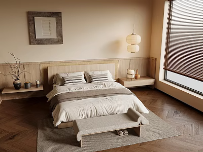 Minimalist Modern Bedroom With Wooden Headboard Striped Pillows Bench And Herringbone Floor 3d model
