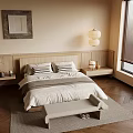 Minimalist Modern Bedroom With Wooden Headboard Striped Pillows Bench And Herringbone Floor