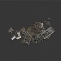 Construction Debris Scene With Metal Frames Stones Bricks And Pile