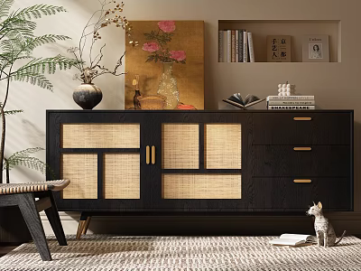 Entryway Sideboard Cabinet With Black Wooden Frame Woven Door Panels Drawers Decorative Vase Plant Books 3d model