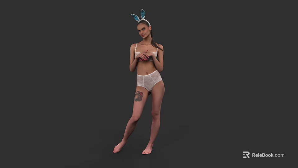 Woman Posing in White Lingerie with Bunny Ears Headband and Tattoo 3d model 