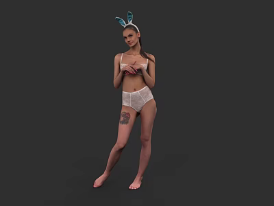 Woman Posing in White Lingerie with Bunny Ears Headband and Tattoo 3d model
