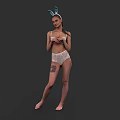 Woman Posing in White Lingerie with Bunny Ears Headband and Tattoo