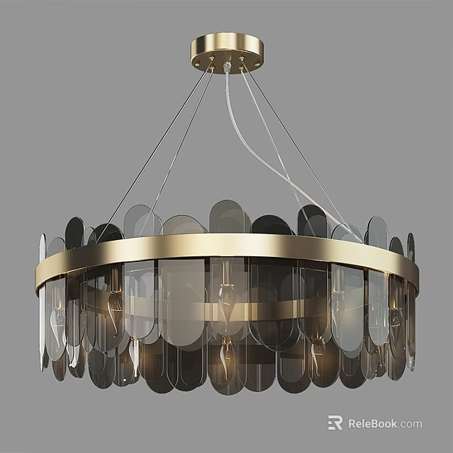 Modern Golden Metal Chandelier With Circular Frame And Leaf Shaped Glass Pieces 3d model 