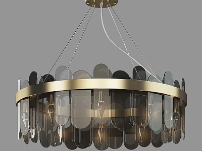 Modern Golden Metal Chandelier With Circular Frame And Leaf Shaped Glass Pieces 3d model