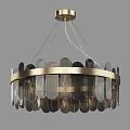 Modern Golden Metal Chandelier With Circular Frame And Leaf Shaped Glass Pieces