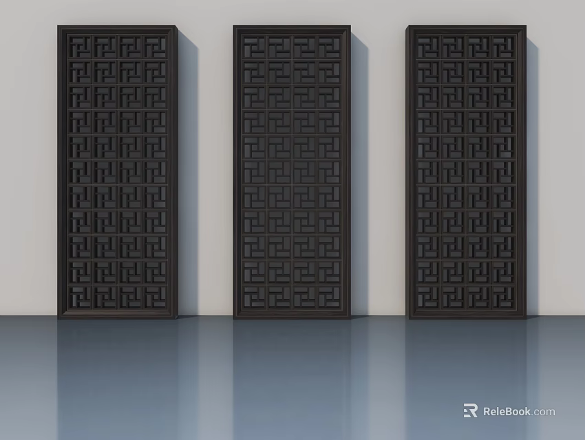 Three Black Hinged Doors With Geometric Pattern In Modern Interior Design 3d model