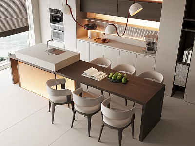 Modern Kitchen Bar Interior With Dining Table Chairs Fresh Fruits And Cabinets 3d model
